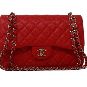 Chanel Red Jumbo Quilted Caviar Classic Double Flap Bag with Gold Hardware